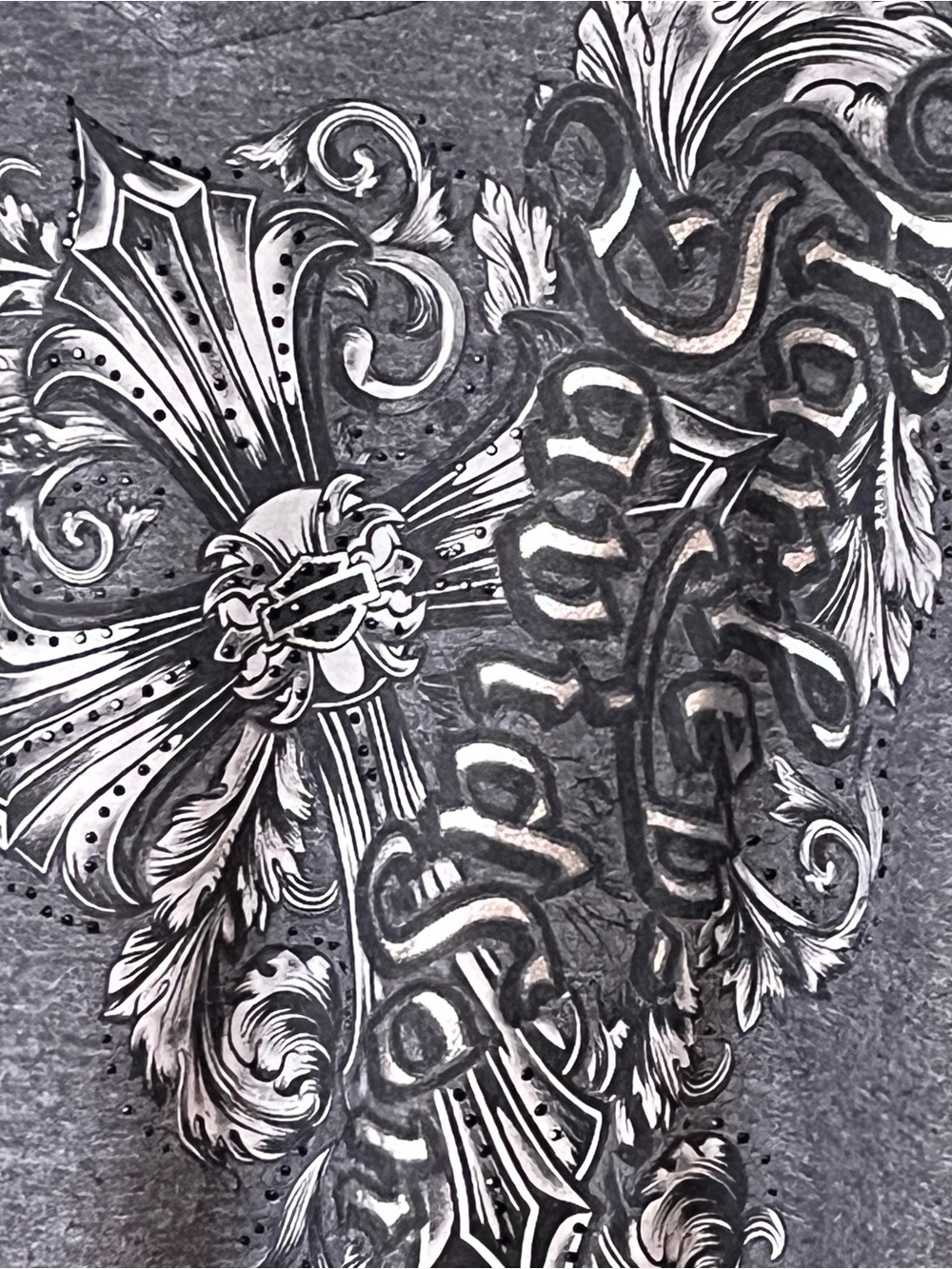 Harley-Davidson Gray Tee with Black and Silver Ornate Cross Design